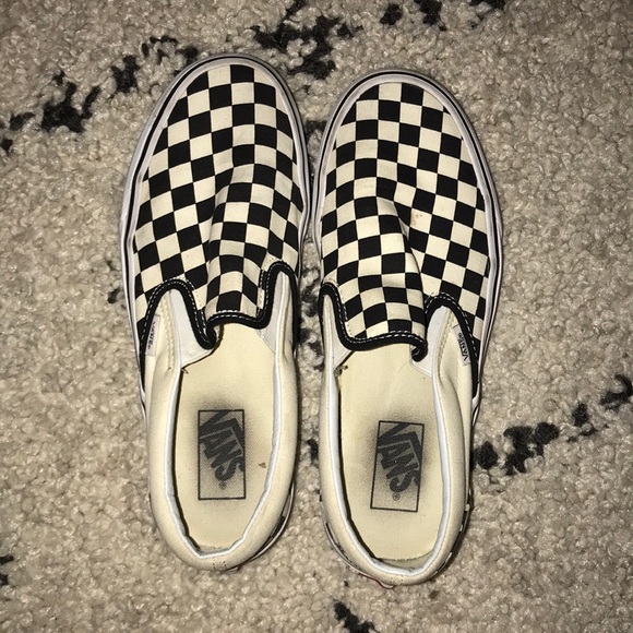 black white checkered vans slip ons